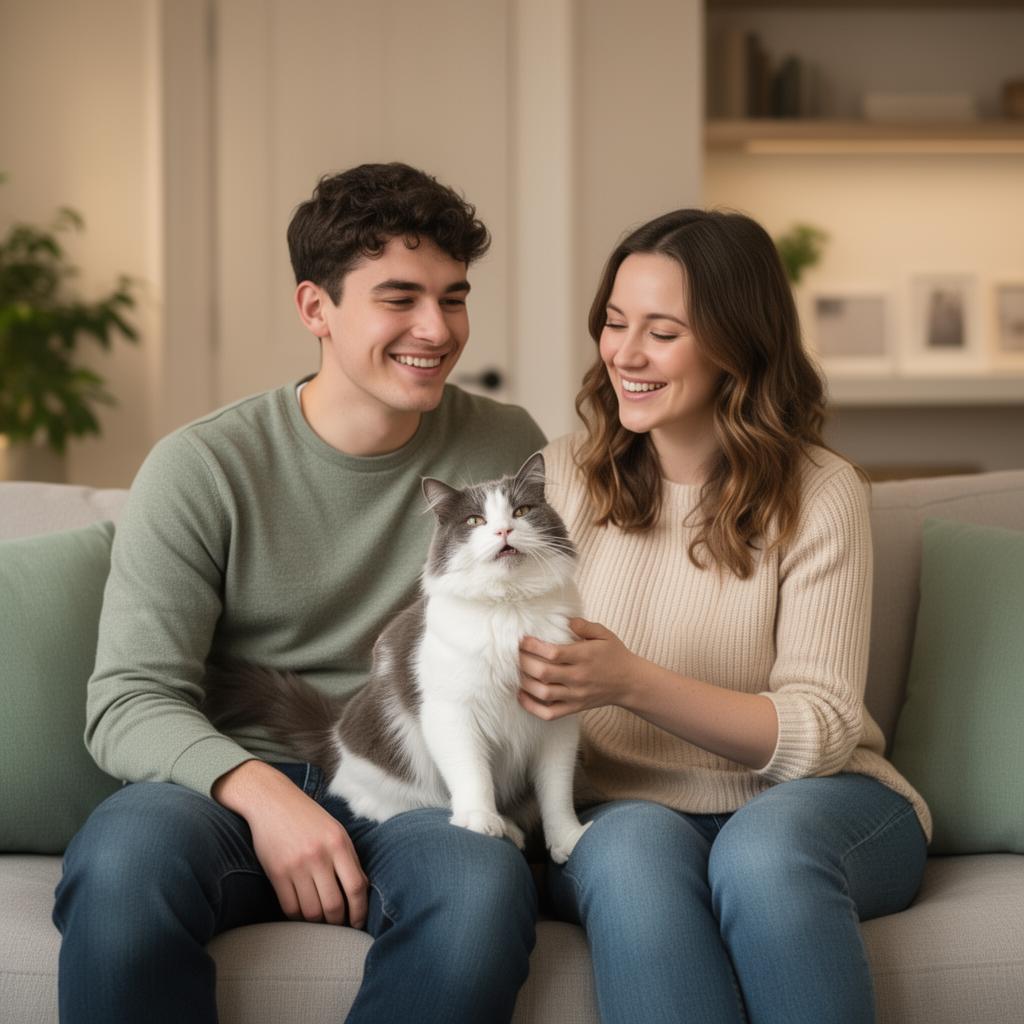 A happy couple relaxing on the sofa with their cat at home
