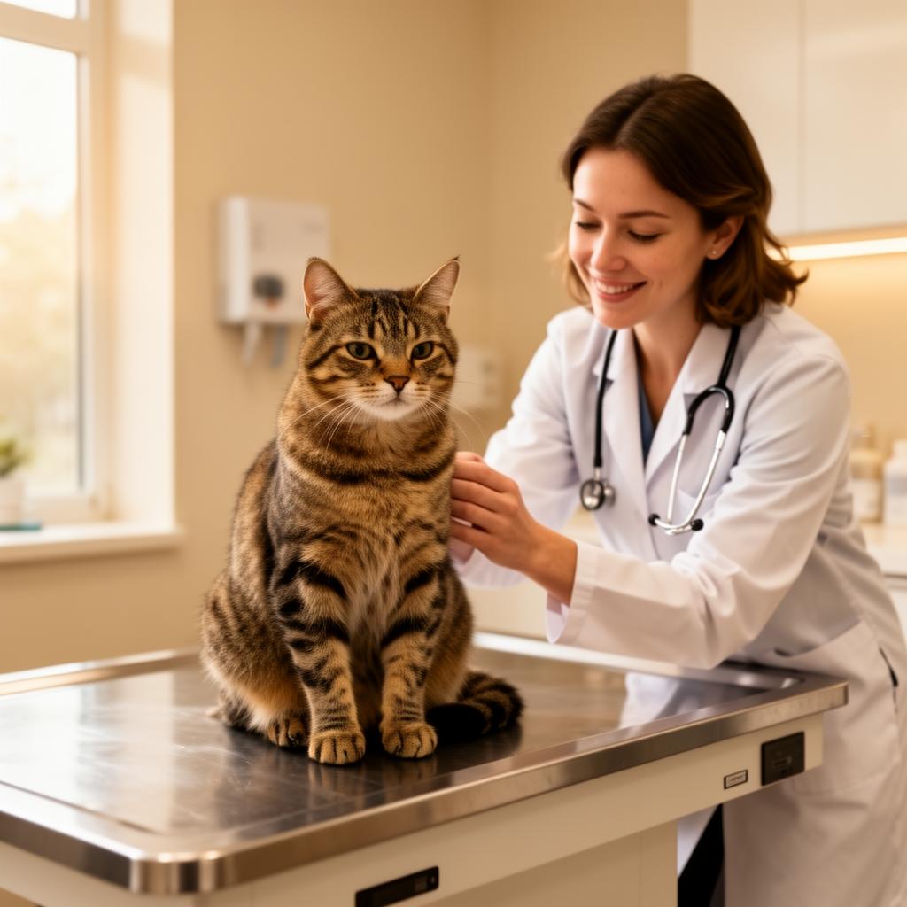 A veterinarian gently examining a relaxed tabby cat in a modern clinic